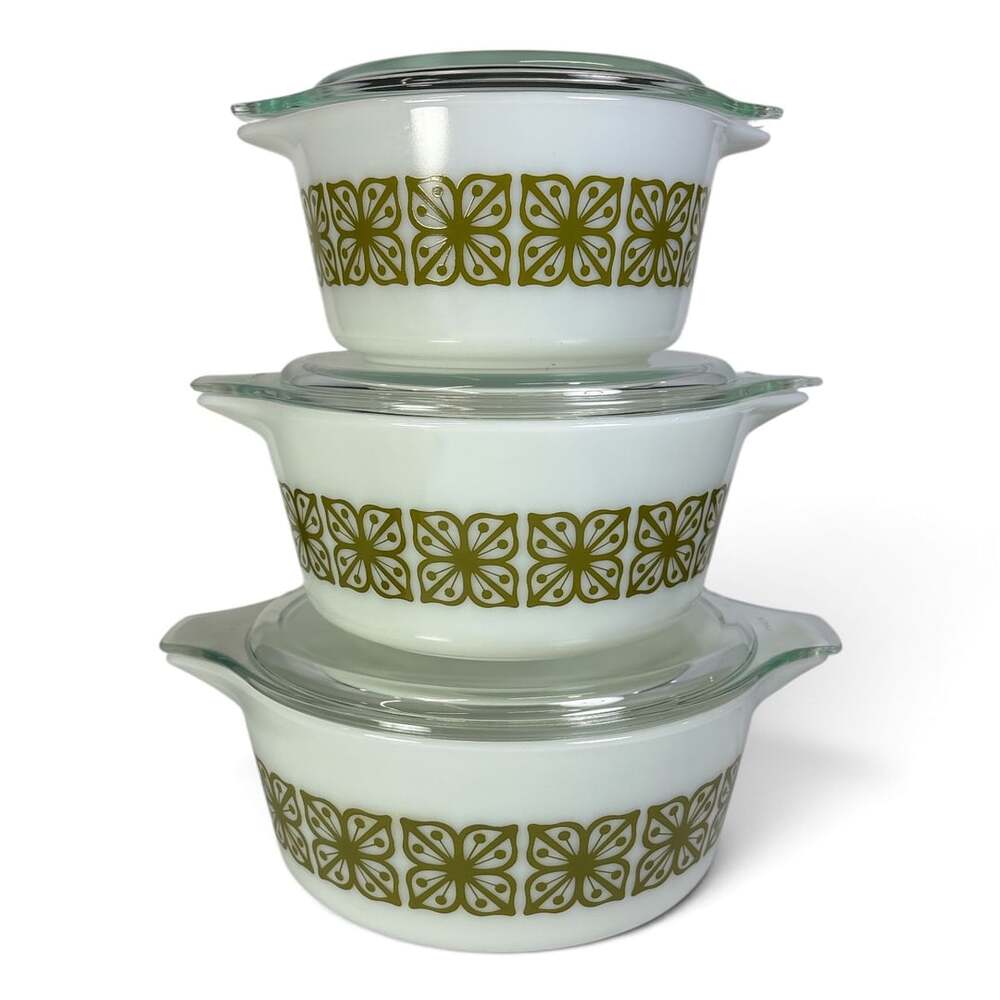 Pyrex Verde Square Flowers Cinderella Casserole Baking Dish Set 3 Pc 473 474 475